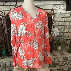 Brina & Em floral blouse L coral peach and white soft 100% Rayon